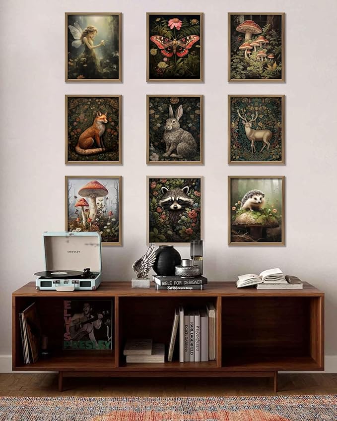 Dark Cottagecore Room Decor Aesthetic, Cottagecore Core Wall Decor, Forest Botanical Wall Art Canvas Prints, Fairycore Decor, Nature Mushroom Posters Vintage Animal Pictures for Bedroom, UNFRAMED