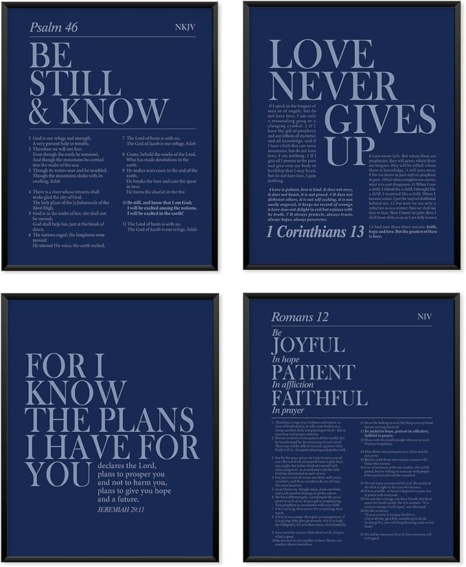 Locomiss Navy Blue Christian Wall Art Decor, Modern Bible Verse Prints, Minimalist Jesus Scripture Wall Decor, Inspirational Bible Posters for Bedroom Office Living Room, Set of 4 (8x10 Unframed)