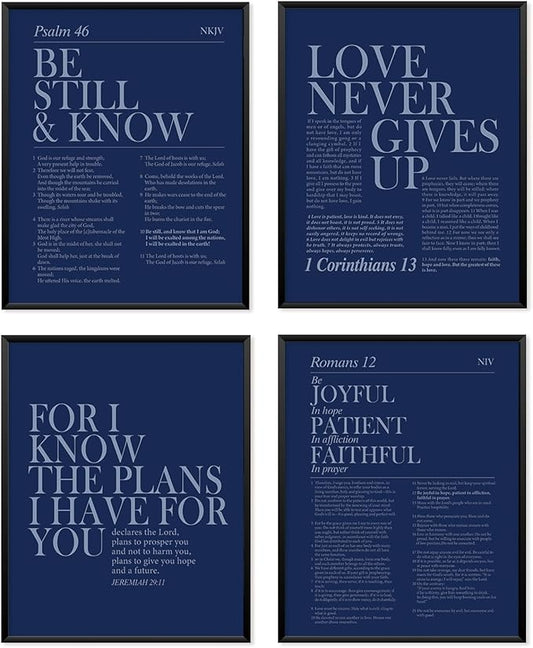 Locomiss Navy Blue Christian Wall Art Decor, Modern Bible Verse Prints, Minimalist Jesus Scripture Wall Decor, Inspirational Bible Posters for Bedroom Office Living Room, Set of 4 (8x10 Unframed)