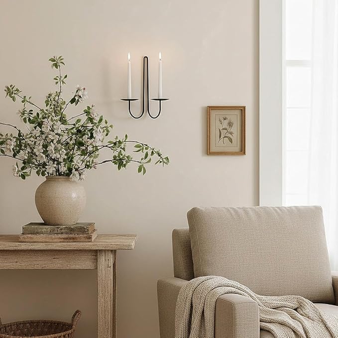 Double Armed Iron Candle Holders Metal Wall Candle Sconce Holder Set of 2 Black Modern Wall Candle Sconces Hanging for Living Room, Farmhouse, Fireplace, Wedding