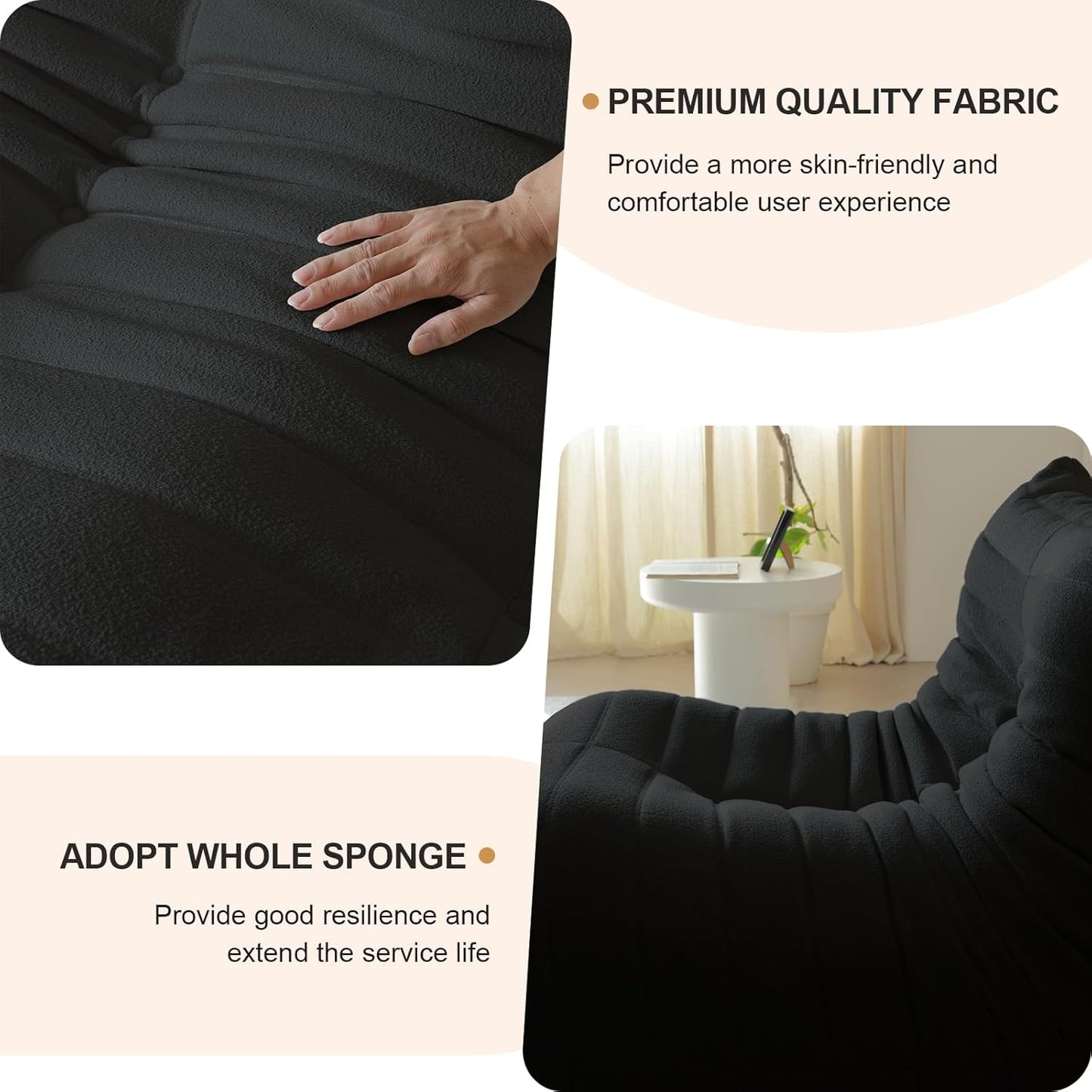 Luxury Sofa Couch Chair, Lazy Floor Seating, Fireside Bean Bag Chair, Ergonomic Tatami Sofa Lounger for Living Room, Bedroom, Office, Single Seat, Black