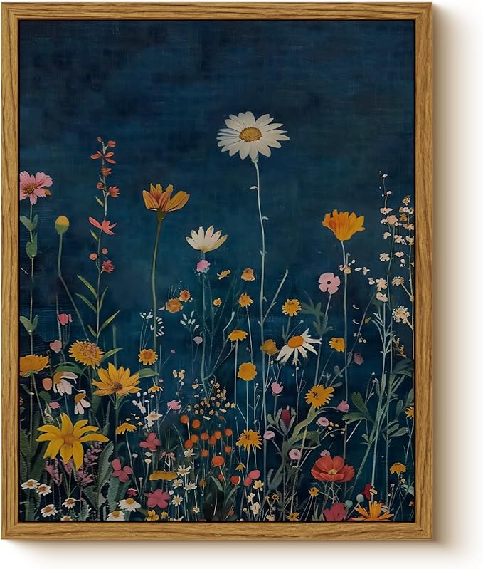 WHASAYART Botanical Floral Canvas Print 8x10 Framed Wildflower Wall Art, Rustic Dark Blue Colorful Flower Artwork, Vibrant Vintage Painting Living Room Kitchen Bedroom Hallway Home Decor