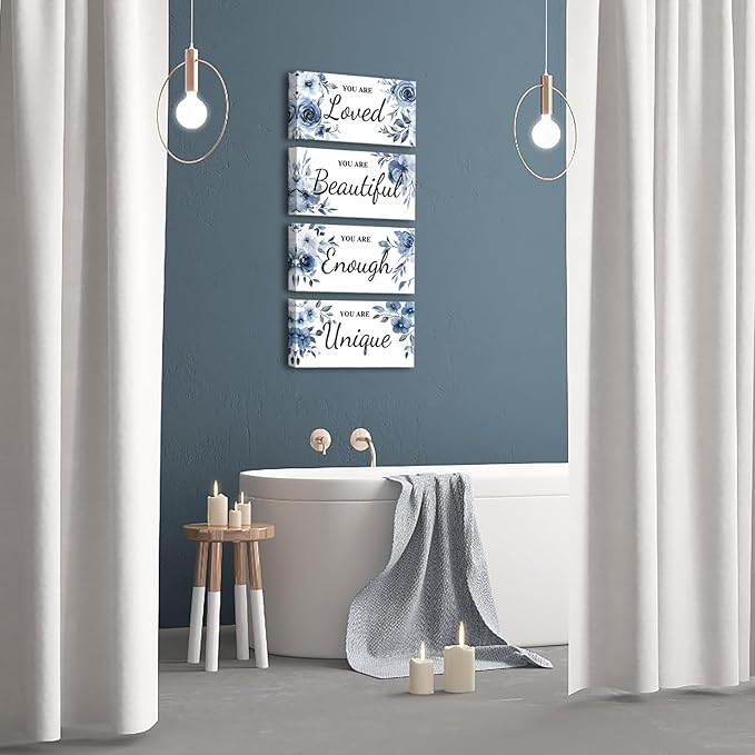 HOMEOART 4 Piece Framed Inspiration Floral Wall Decor Positive Saying Word Art Pictures Farmhouse Bathroom Wall Decor Painting Woman Teen Girl Room Sign, Framed 6x12inchx4pcs (Blue)