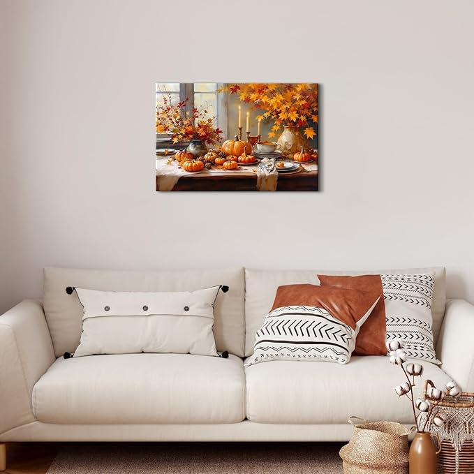 Farmhouse Kitchen Decor Pumpkin Wall Decor Maple Leaves Painting Orange Pumpkin Canvas Prints Rustic Fall Harvest Themed Pictures Still Life Artwork for Bedroom Dining Room Home Decoration 16x24"