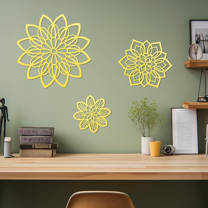 3 Pieces Metal Flowers Wall Decor, Black Wall Decoration Metal, Flower Art Wall Decor Farmhouse Wall Decorations Multiple Flowers Hanging Decor for Bathroom Living Room Home Kitchen Garden Office (Gold Elegant)