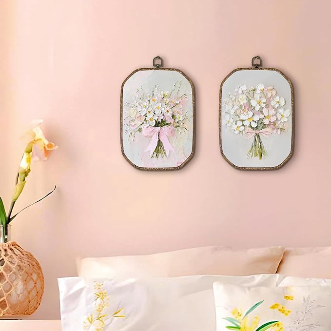 Hxlac Vintage Pink Bow Floral Bouquet Rectangular Wall Art Framed Set of 2, White Floral Rectangular Wall Decor, Spring Flower Hanging Canvas Prints Wall Sculptures for Bedroom Decor, 7.1x10.2 Inch