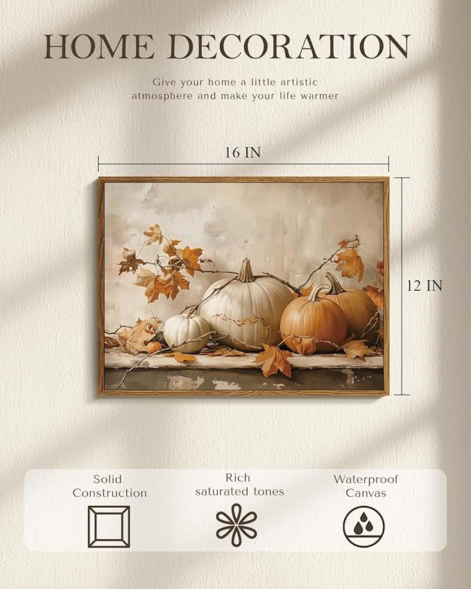 WHASAYART Vintage Pumpkin Thanksgiving Wall Art 12x16 Framed Canvas Print with Fall Leaves, Rustic Autumn Season Painting, Cozy Harvest Dining Room Kitchen Farmhouse Decor