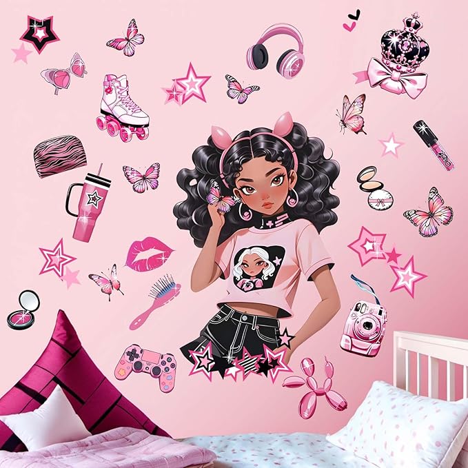 Bedroom Wall Stickers for Black Girls: Peel and Stick Fashion African American Butterfly Wall Decals - Wall Art Decor Kids Supplies Ages 1 2 3 4 5 6 7 8 9 10 11 12 Year