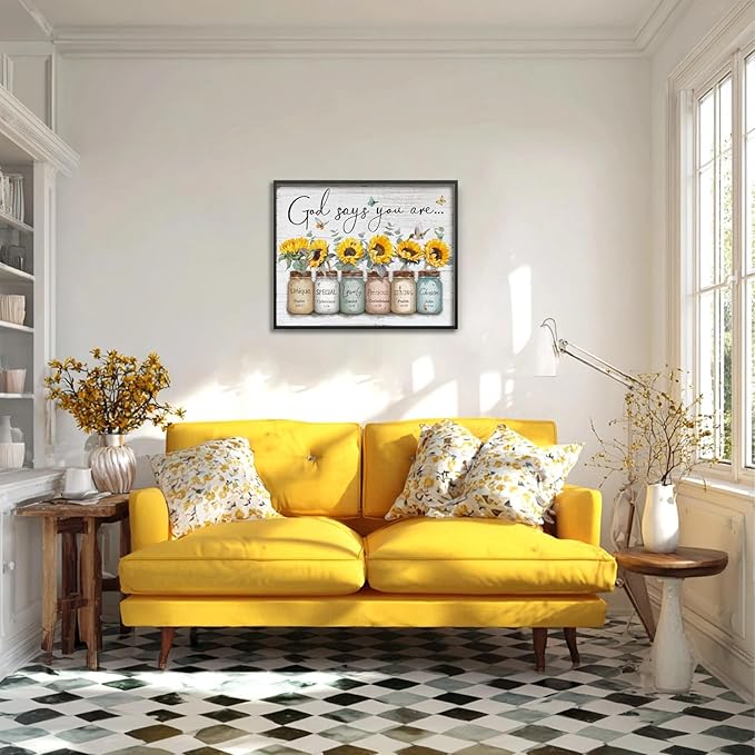 Inspirational Bible Verse Wall Art: God Says You Are Wall Sayings Sunflower in Mason Jar Picture Print Christian Gift Quotes Poster for Women Girl Bedroom Decor 16" x 20"