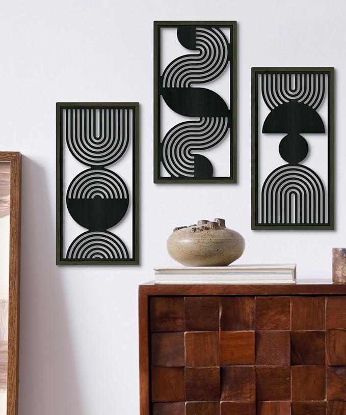 Putuo Decor Modern Minimalist Wall Art Set of 3, Black and Gray MDF Cut-Out Geometric Line Panels, Abstract Vertical Art for Living Room Bedroom Office Wall Decor