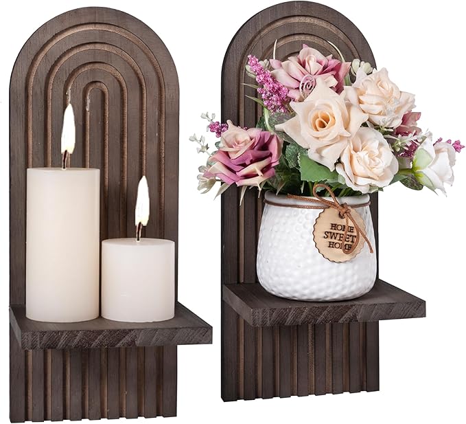 Sconces Wall Decor Set of 2, Wall Candle Holder Rustic Home Decor, Floating Candle Sconces Shelf Brown Wall Art, Farmhouse Wall Decor for Living Room, Dining Room, Bedroom, Bathroom