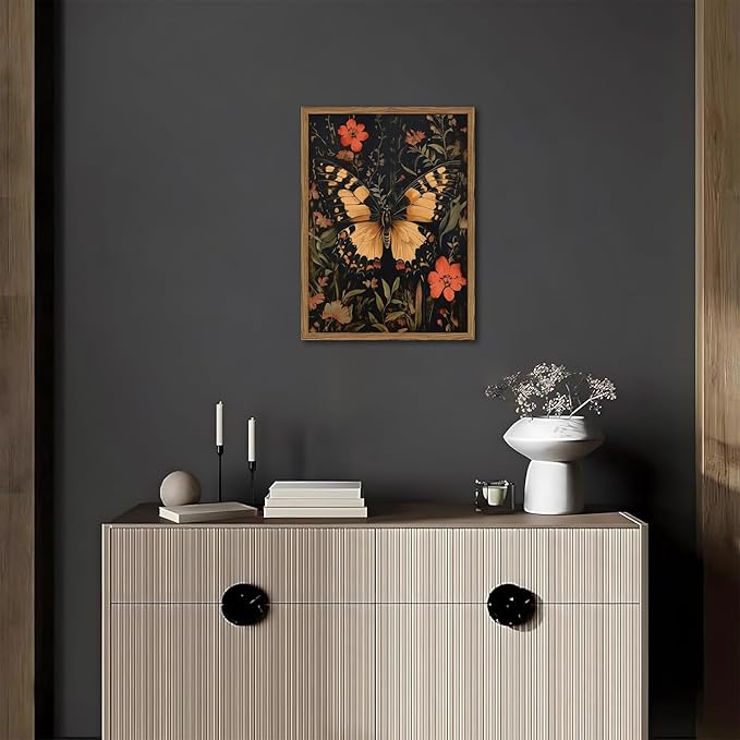 Dark Vintage Butterfly Wall Art,Butterfly Botanical Nature Pictures Wall Decor Flower Prints, Gothic Canvas Prints for Living Room Bedroom Office 16x24 inch Framed