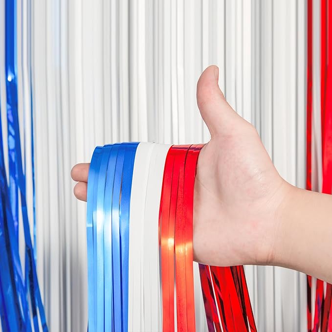 3 Pack 3.3 x 8.2 ft Red White and Blue Foil Fringe Backdrop Curtains, Tinsel Streamers Party Decorations, Fringe Backdrop for Patriotic, Memorial Day, 4th of July, Independence Day