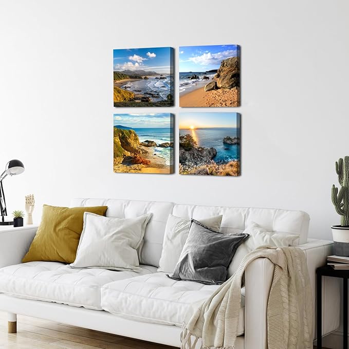 Oregon Coast Beach Wall Art Ocean Landscape Canvas Pictures Prints Coastal Wall Decor for Bathroom Living Room Kitchen Modern Home Decorations Nature Scenery Paintings Nautical Artwork 20x20” 4 Pcs