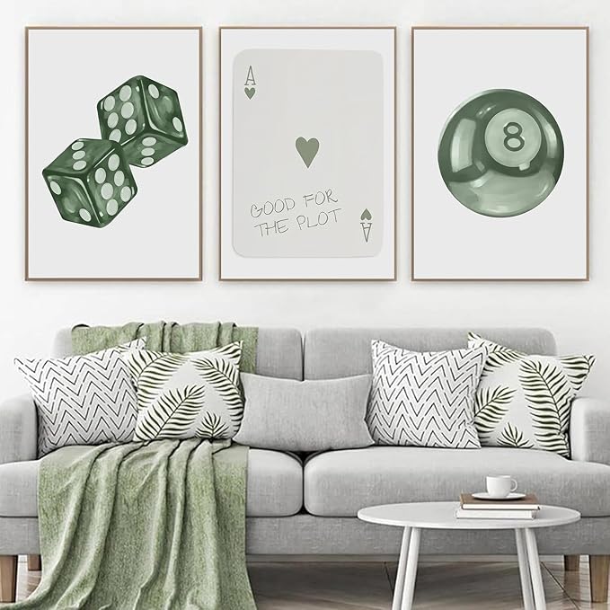 BOKPEN Green Poker Dice Canvas Wall Art Funky Y2K Trendy Preppy Pictures Lucky 8 Ball Poster Sage Prints Artwork Painting for Game Room Apartment Dorm Aesthetic Decoration 12x16in Unframed