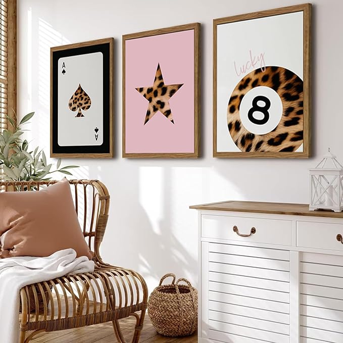 Pink and Black Leopard Wall Art, Lucky Girl 8 Ball Wall Decor Set of 3 Cheetah Lucky Star Poster Canvas Prints, Coquette Modern Teen Pictures for Bedroom Living Room 16x24 inch Framed