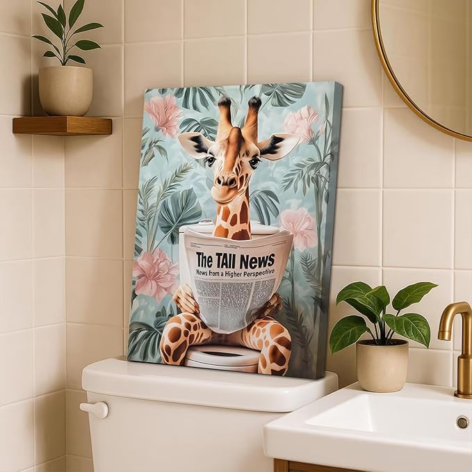 Funny Animal Bathroom Wall Art Set of 3, Cute Giraffe in Toilet Reading Newspaper Wall Decor Paintings Eclectic Giraffe Bathroom Canvas Prints Artwork 16x24 inch Framed