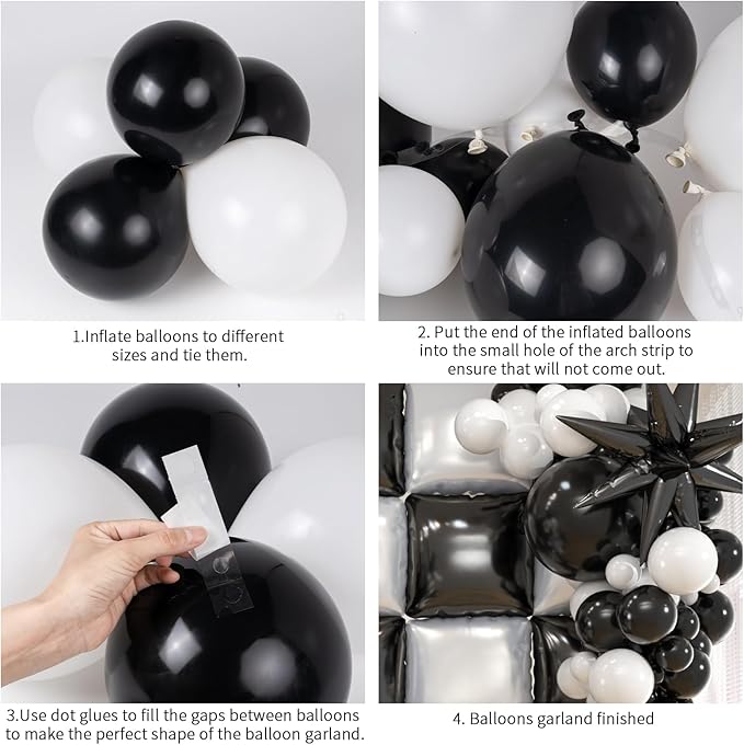 25pcs Black and White Double sided Foil Square Balloon Backdrop Wall with 139pcs White Black Star Balloons Arch Balloon Tunnel for Checkered Racing Car Birthday New Year Party Decoration