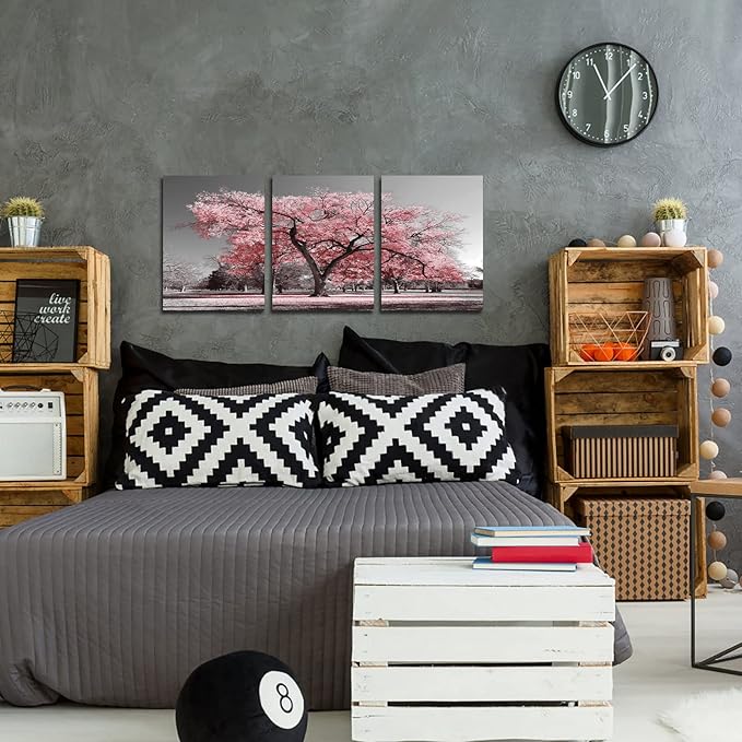 Visual Art Decor Pink Tree Canvas Wall Art Pink and Grey Room Decor Cherry Blossom Wall Art Modern Art Framed Ready to Hang Living Room Wall Decor 12x16inchx3 Piece