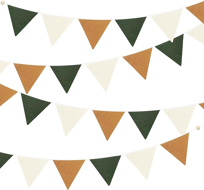 2 Sets of Green Yellow White Nursery Garland 24Pcs Retro Fabric Linen Pennant Banner Flags Triangle Streamers for Baby Playroom Decor Kids Woodland Camping Birthday Baby Shower Boho Party Decorations
