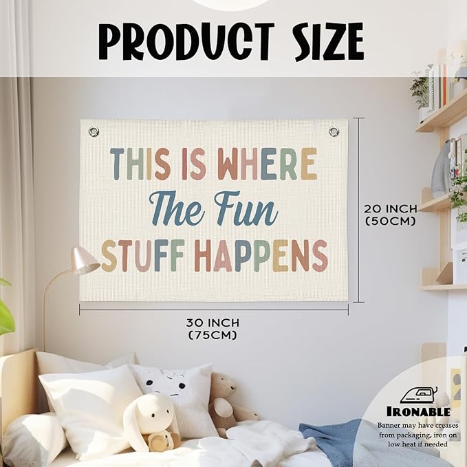Playroom Decor, Kids Playtime Wall Decor, This is Where All The Fun Stuff Happens Banner Wall Hanging Flag Decor for Toddler Boys Girls Room Nursery 20x30