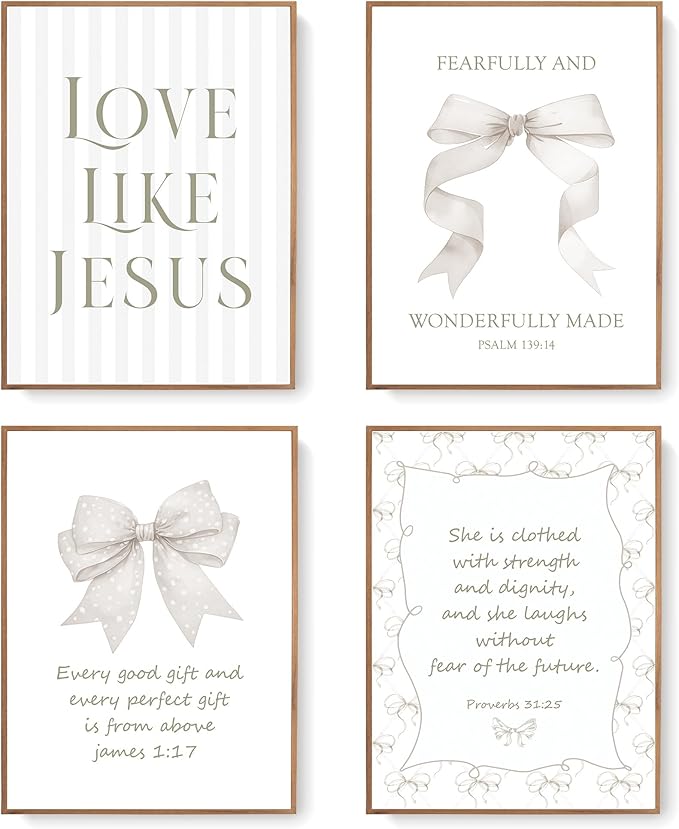 LARTSFRO Coquette Beige Bow Jesus Wall Art Decor Posters, Beige Bow Christian Room Bedroom Bathroom Wall Art Decor Aesthetic for Teen Girls Gifts, Inspirational Bible Verses Bow Wall Decor, 12x16 Inch Set of 4 Bow Pictures (UNFRAMED)