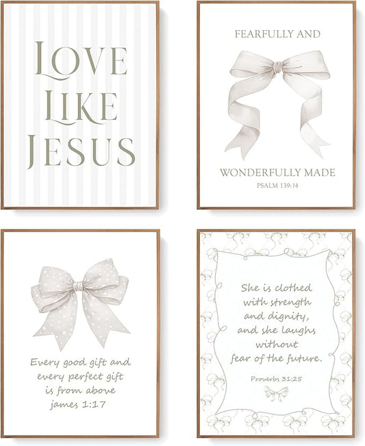 LARTSFRO Coquette Beige Bow Jesus Wall Art Decor Posters, Beige Bow Christian Room Bedroom Bathroom Wall Art Decor Aesthetic for Teen Girls Gifts, Inspirational Bible Verses Bow Wall Decor, 12x16 Inch Set of 4 Bow Pictures (UNFRAMED)