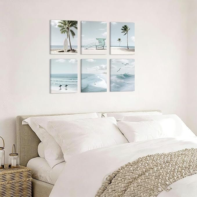CHDITB Beach Canvas Wall Art, Coastal Palm Tree Surfboard Wall Decor, Ocean Wave Seagull Artwork, Minimalist Surfing Pictures, Tropical Beach Prints for Bathroom Living Room seaside Bedroom 8”x10”x6