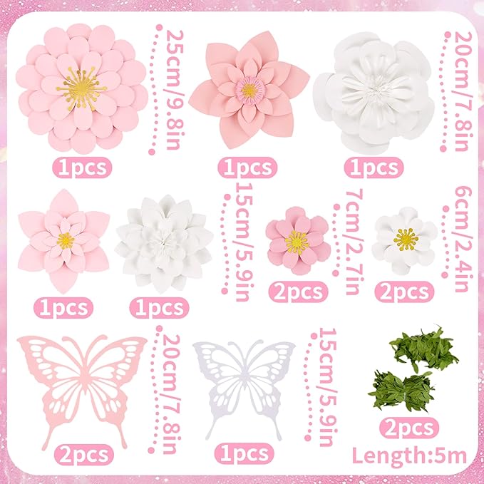 Paper Flower Decoration for Wall 3D Paper Butterfly Flower Bulletin Board Decor Pink White Artificial Flower Backdrop Wall Decor Green Leaves Vine for Classroom Office Spring Garden Tea Women Birthday