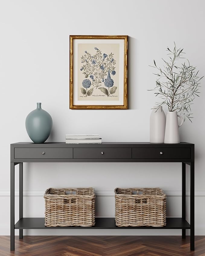 InSimSea Gold Bamboo Framed Canvas Wall Art, Retro Blue Hydrangea Botanical Prints, Antique Flowers Picture Frame with Mat, Victorian Home Wall Decor for Kitchen Living Room Bedroom, 11x14inch