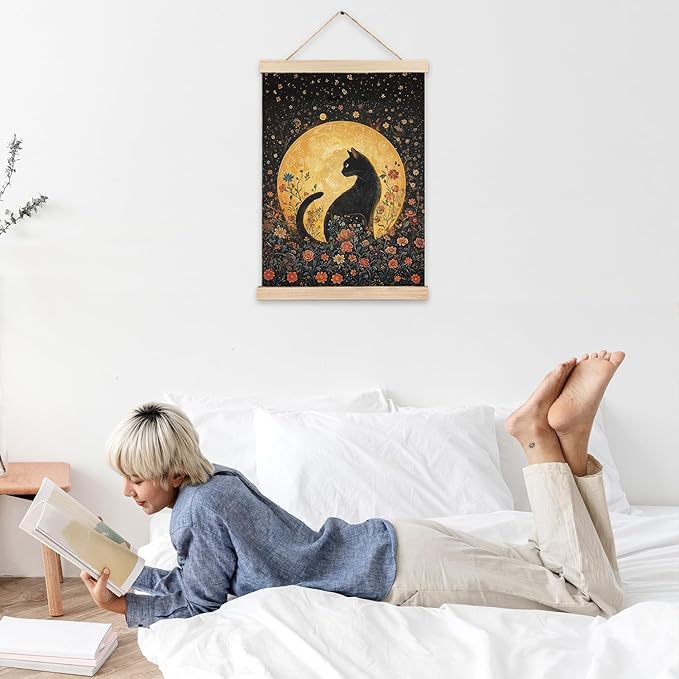 LZYRF Witchy Black Cat Full Moon Wall Art Poster Framed, Dark Cottagecore Decor, Whimsical Mystical Black Cat Floral Canvas Prints Wall Decor for Home Bedroom Living Room, 12x16 Inch