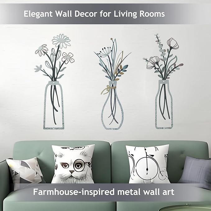 Nonforgetta Rustic Farmhouse Metal Flower Wall Art – Set of 3 Floral Decorations for Living Room, Bedroom, or Bathroom – Minimalist & Elegant Wall Décor Gift