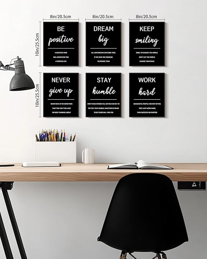 KUVIOKE Inspirational Framed Wall Art Motivational Quotes Wall Decor Encouraging Office Posters Sayings for Classroom Bedroom Living Room Ready to Hang Set of 6, 8x10in (Black Framed)