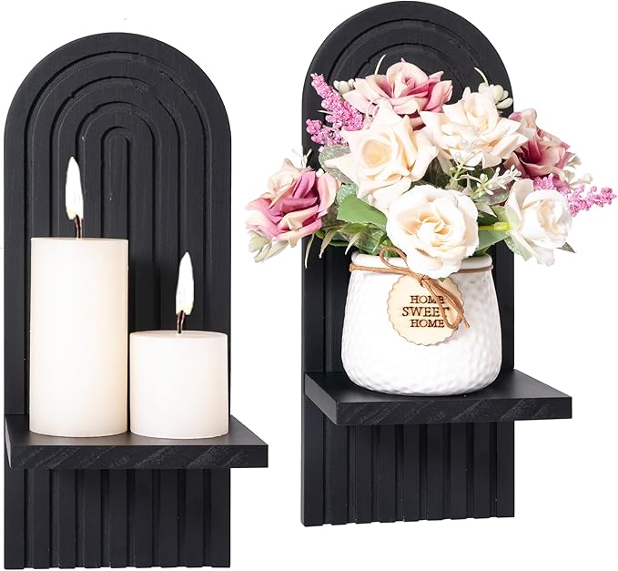 Sconces Wall Decor Set of 2, Wall Candle Holder Rustic Home Decor, Floating Candle Sconces Shelf Black Wall Art, Farmhouse Wall Decor for Living Room, Dining Room, Bedroom, Bathroom