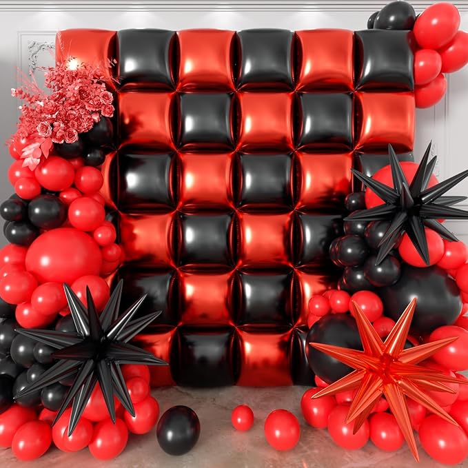 36pcs Red and Black Square Foil Balloons Wall Backdrop with 147pcs Balloon Garland Arch Kit, Double Sided Balloons for Birthday Prom Anniversary New Year Graduation BBQ Casino Party Decorations
