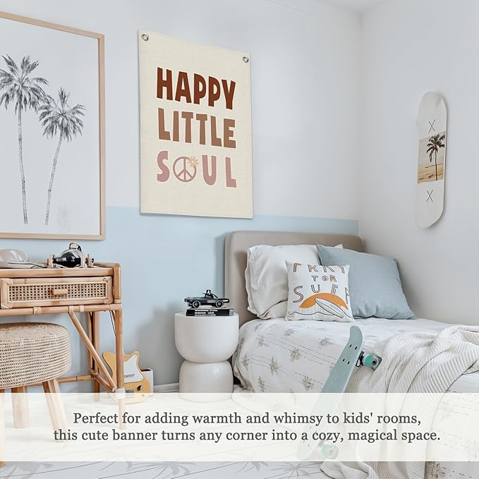 Nursery Wall Decor,Kids Room Decor,Happy Little Soul Linen Canvas Banner,Boho Inspirational Wall Hanging for Girls Bedroom,Nursery,Playroom 18x25 Inch