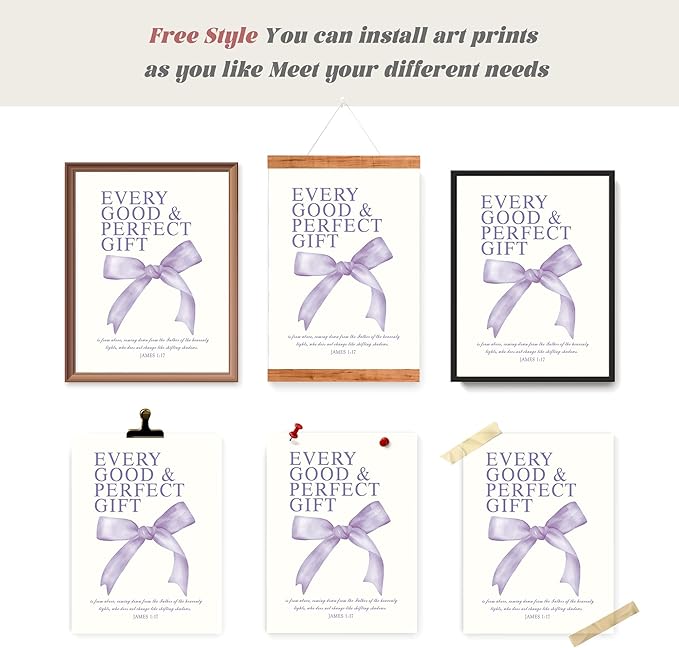 LARTSFRO Coquette Purple Bow Wall Art Decor Posters, Purple Bow Room Bedroom Bathroom Dorm Wall Art Decor Aesthetic for Teen Girls Gifts, Inspirational Bible Verses Bow Wall Decor, 10x8 Inch Set of 4 Pcs Bow Pictures (UNFRAMED)