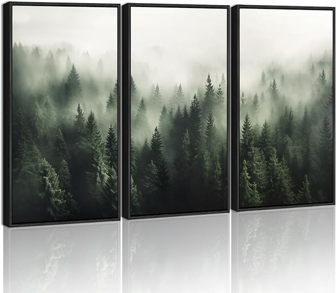 SHENIFY Green Fog Pine Tree Forest Canvas Wall Art Large 16x24in Framed Modern Artwork Prints Decor - Black Framed