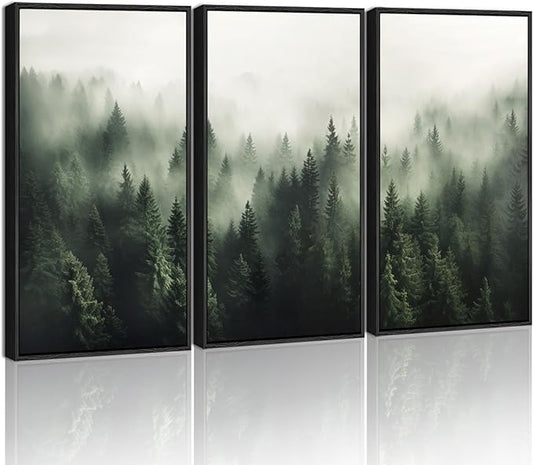 SHENIFY Green Fog Pine Tree Forest Canvas Wall Art Large 16x24in Framed Modern Artwork Prints Decor - Black Framed