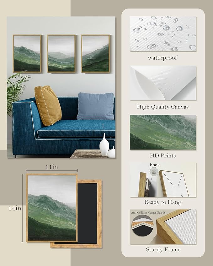 SHENIFY Fog Pine Green Tree Forest Canvas Wall Art 11x14in Framed Nordic Nature Modern Mountain Artwork Prints Decor - Natural Framed