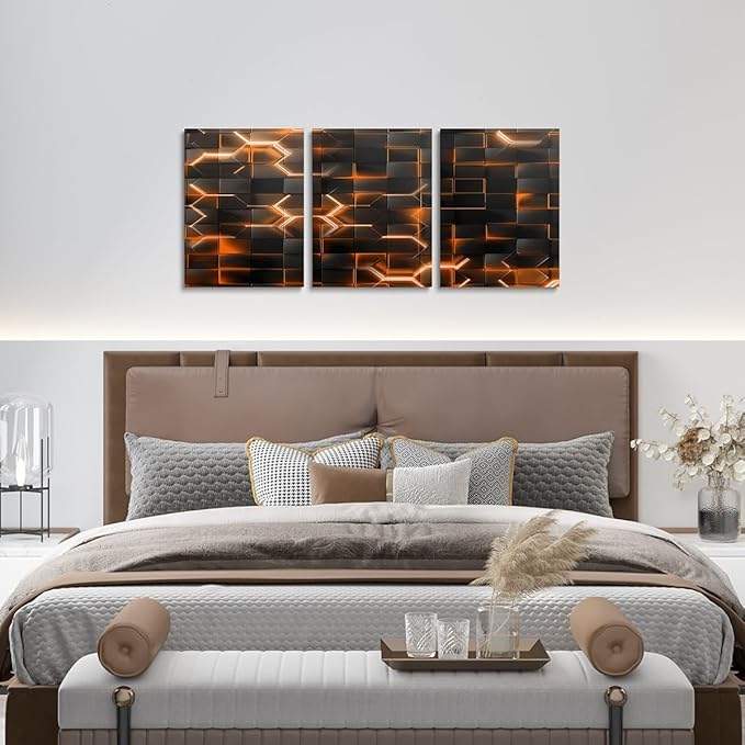Feelyou Orange and Black Picture Wall Decor 12"x16" 3 Piece Honeycomb Canvas Wall Art Decor Hexagon Theme Office Decorations Artwork Posters Geometrical Beehive Painting
