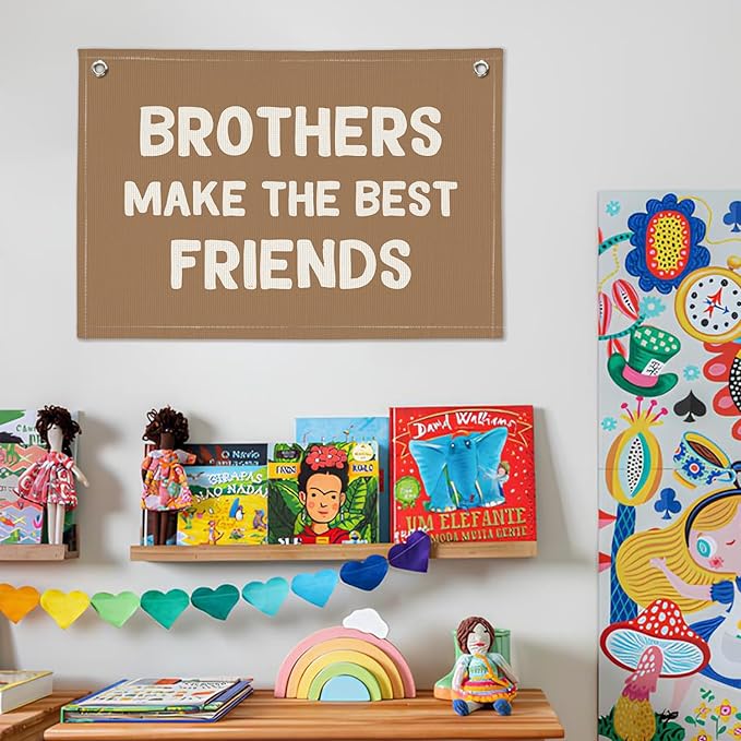 Brothers Make The Best Friends Banner, Boys Room Decor, Toddler Boy Linen Banner Wall Hanging Flag Decor for Nursery 20x30 - Beige