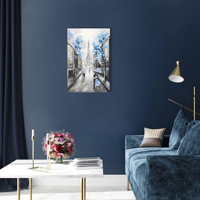 YPY Abstract Paris Canvas Wall Art: Black White Eiffel Tower Picture for Living Room Decor, Blue Grey Hand Painted Textured Oil Painting Modern Artwork Home Decoration 16 x 24