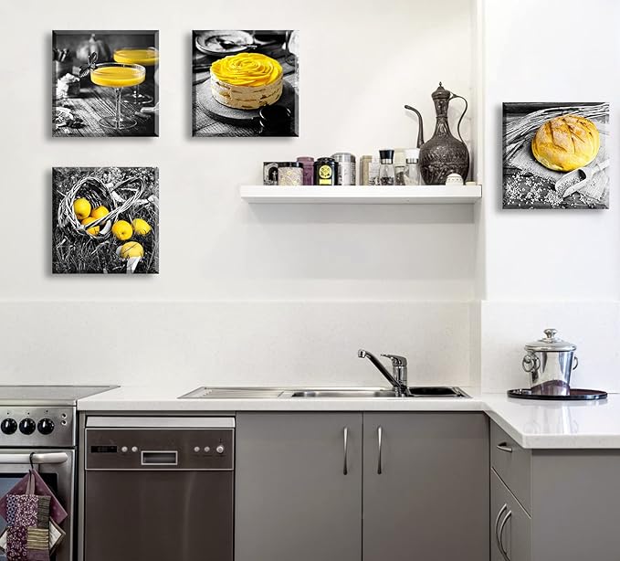 DJSYLIFE Kitchen Wall Decor Black and White Yellow Wall Art Bread Cake Fruit Picture Canvas Print Paintings for Cafe Dining Room Restaurant Farmhouse Kitchen Decoration 12" Wx12 Hx4
