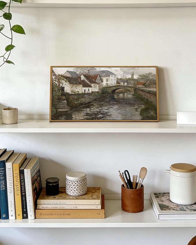 SHENIFY Vintage Framed Wall Art French Town Country Landscape Painting Retro Countryside River Scenery Farmhouse Kitchen Living Room Decor - 8x16in Natural Framed