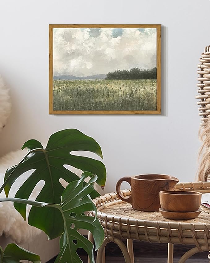SHENIFY Vintage Landscape Framed Wall Art Country Meadow Scenery Farmhouse Decor Retro Painting for Living Room Bedroom Ready to Hang Wall Artwork - 8x10in Natural Framed