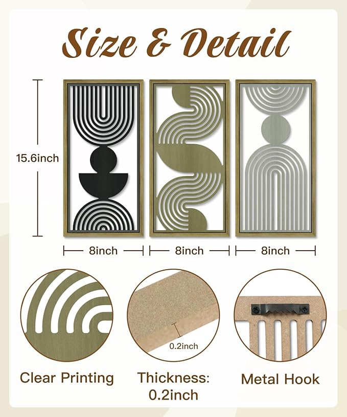 Putuo Decor Modern Minimalist Wall Decor Set of 3, Black Brown Gray MDF Cut-Out Geometric Line Panels, Abstract Vertical Art for Living Room Bedroom Office Wall Art