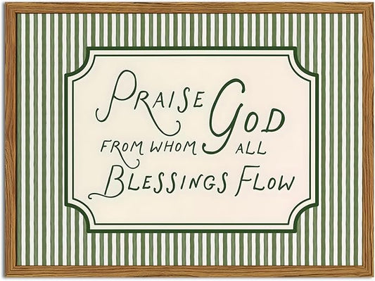 Framed Christian Scripture Wall Art, Bible Verse Pictures Wall Decor, Sage Green Striped Praise God From Whom All Blessings Flow Paintings Canvas Prints Religious Home Decor for Living Room 12x16 inch