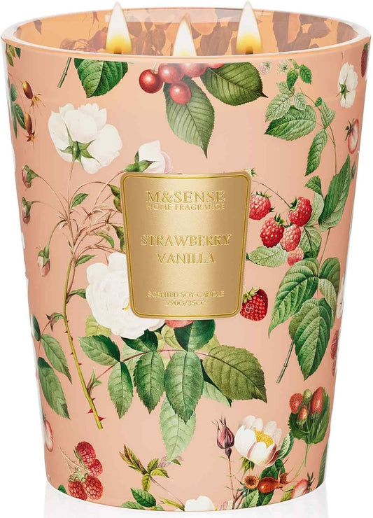 M&SENSE Extra Large Candle Strawberry Vanilla Scented, 3-Wick 35oz 150H Long Lasting, Natural Soy Wax Aromatherapy Candle for Stress Relief, Gifts for Home Decor