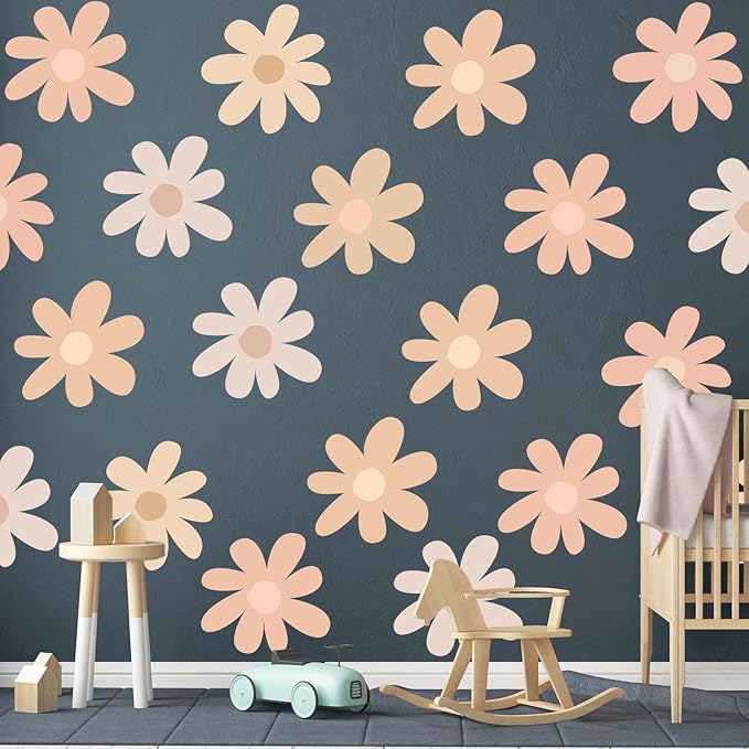 TaoBary 12 Sheet Daisy Wall Sticker Decal Removable Cute Daisy Bedroom Room Decor Flower Wall Sticker Pink White Flower Decal Wallpaper Peel and Stick for Nursery Home(Light Color,Bobo Style)